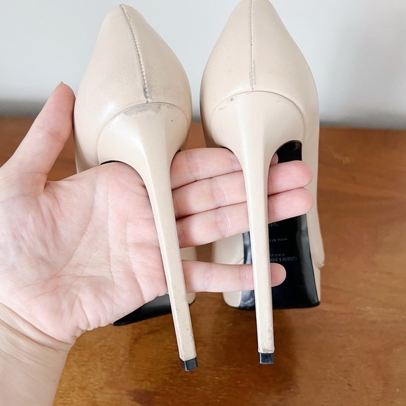 SAINT LAURENT • Janis 105 Cap-Toe Platform Pump two tone beige nude black heels - Picture 8 of 14